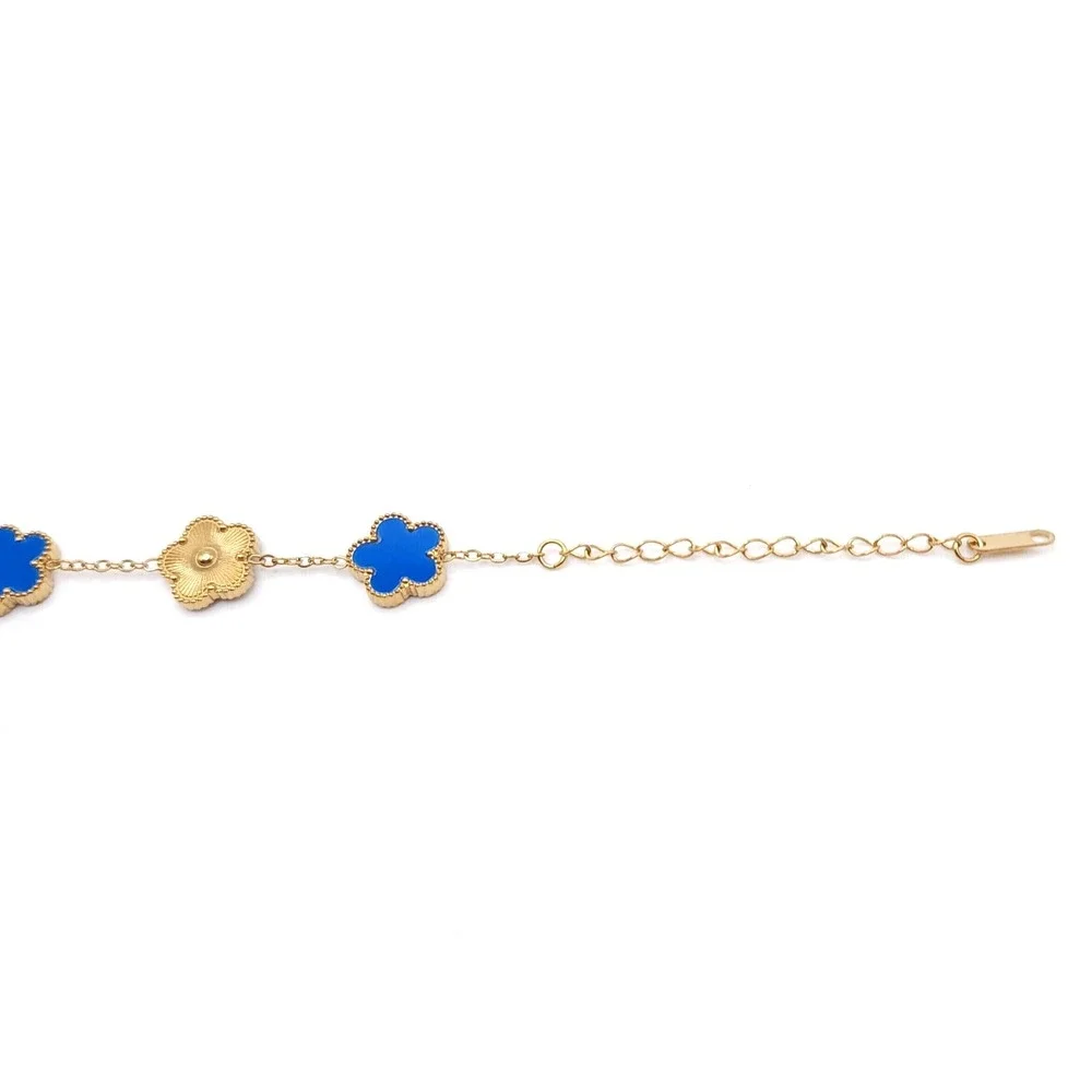 Gold Plated Blue Clover Bracelet Womens Stainless Steel Adjustable Lucky Jewelry